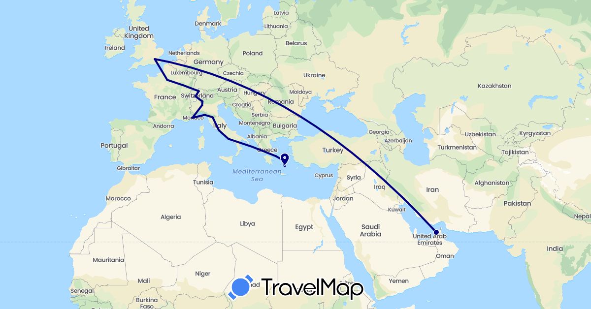 TravelMap itinerary: driving in United Arab Emirates, Switzerland, France, United Kingdom, Greece, Italy (Asia, Europe)